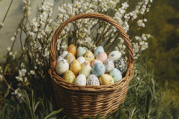 Obraz premium Blooming Willow Branches and Easter Painted Eggs in a Rustic Wicker Basket, Festive Spring Paschal Celebration, Generative AI