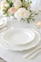 Elegant White Dinner Plate Setting with Peonies