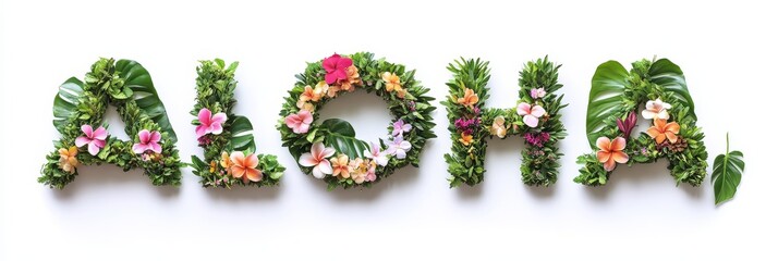 Aloha Lettering A Tropical Floral Paradise of Bright Color Lush Blooms, Isolated Design