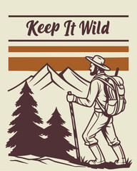 Nature Hiking Badge Vector Set – Scenic Wilderness Landscape Icons with Hikers and Mountains