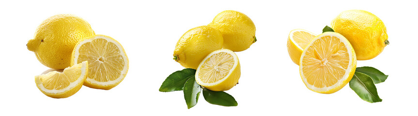 set of lemon isolated. Half and slice and a whole of lemon with leaves on a transparent background