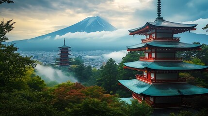 Obraz premium Pixelated View of Traditional Japanese Pagodas and Mountain Landscape Scene