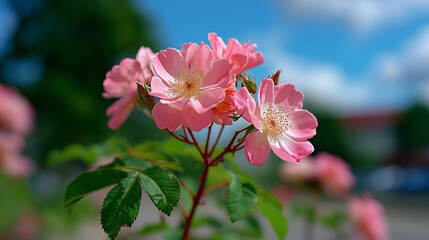 Obraz premium Close-Up of Pink Wild Roses Blooming in Summer
