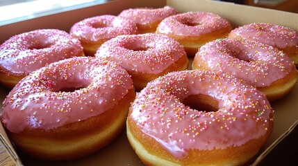 A box of pink frosted donuts with sprinkles