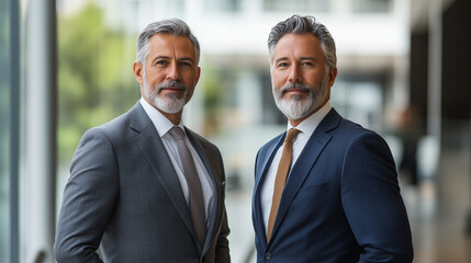 Two confident business professionals in formal attire, embodying professionalism and trust in a modern corporate setting.