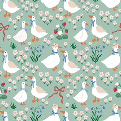 Spring and summer seamless pattern  with geese, flowers and strawberries, vintage style wallpaper, charming background