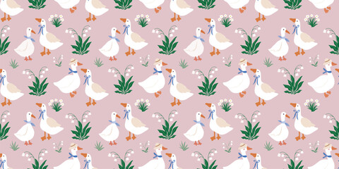  Spring and summer seamless pattern  with geese and flowers, lily-of-the-valley, vintage royal wallpaper, charming background © lilett