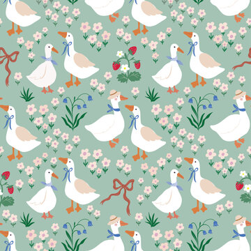 Spring and summer seamless pattern  with geese, flowers and strawberries, vintage style wallpaper, charming background
