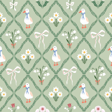 Spring and summer seamless pattern with goose, lily-of-the-valley and bows, vintage floral wallpaper, charming background
