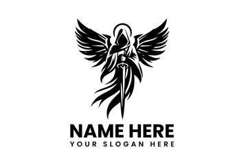 Bold Dark Angel with Sword Graphic. Powerful Mythical Design