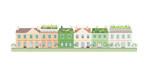 Row of colorful townhouses in hand-drawn illustration style