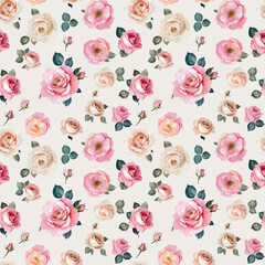 Seamless floral pattern featuring watercolor roses in soft pink and peach hues with green leaves on a light beige background
