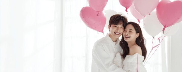 Young couple in love holding a heart balloon,kissing,anniversary wedding,Valentine day,holiday card,copy space,Romantic evening together,Love symbol concept.