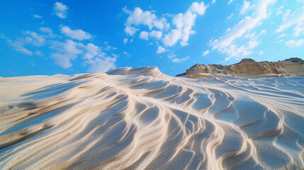 Beautiful sandy mountains in windy weather under open blue cloudy sky