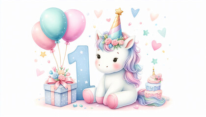 Fototapeta premium Cute unicorn in a birthday hat surrounded by pastel balloons and confetti, celebrating baby’s first birthday. Perfect for invitations and decorations, isolated on a white background with soft