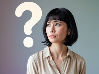 Young woman with short black hair looking up with a questioning expression