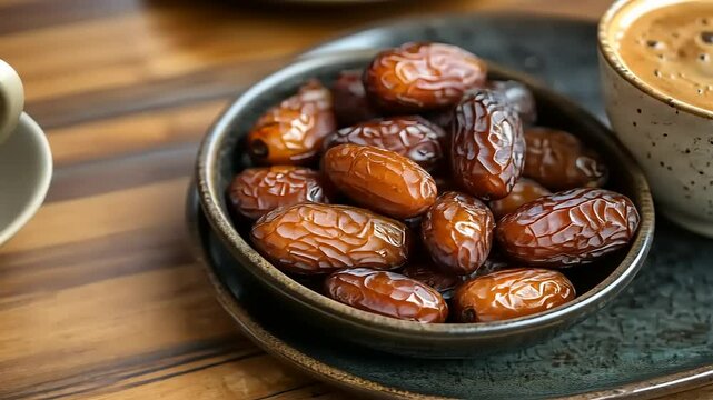 A close-up view of a bowl of dates next to a cup of coffee on a wooden table, evoking warmth
