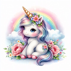 Fototapeta premium Charming hand-painted baby unicorn with a glittery horn and fluffy pastel mane, surrounded by rainbow hues and watercolor blossoms. A soft and magical fantasy illustration for children.