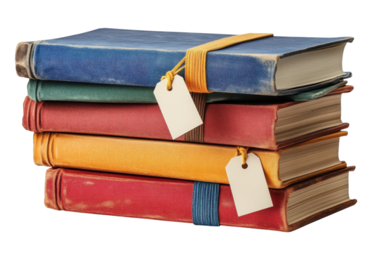 Stack of vintage books with blank tags rich colors aged textures isolated on transparent background