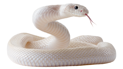 Rare white albino cobra displaying a striking defensive posture in a vibrant glow
