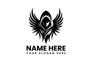 Monochrome Dark Angel with Sword Illustration. Minimalist Fantasy Art.