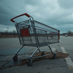 Shopping cart abandoned in a deserted parking lot during cloudy weather