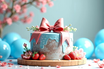 Pastel birthday cake with blue frosting, pink bow, strawberries and flowers on wooden stand.