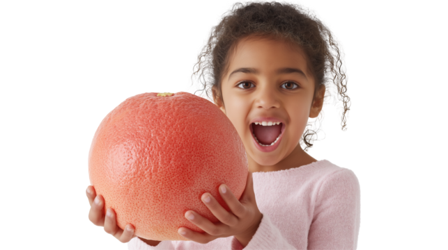 Young girl joyfully holds a huge grapefruit, expressing excitement and delight in a bright setting