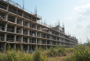 Unfinished construction of large building project in urban area