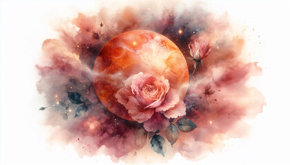 Watercolor Venus illustrated as a blooming rosebud in warm orange and pink tones, glowing softly in a dreamy cosmic mist with star sparkles—delicate, floral, romantic planet fantasy.