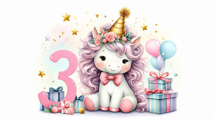 Naklejka premium Adorable watercolor clipart of a sweet unicorn with curly mane and birthday hat next to number 3, surrounded by sparkles and gifts. Soft pastel tones for a cheerful children’s celebration design.