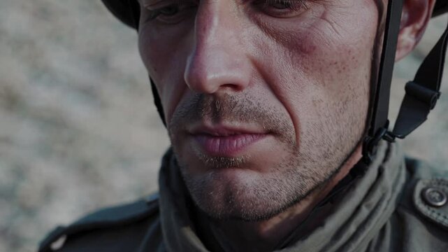 Close-up portrait of soldier with PTSD, emotionally haunted expression