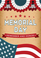 Memorial Day background with US national flag, stars and stripes. Template for Memorial Day invitation, greeting card, banner. Remember and honor. Vector illustration.
