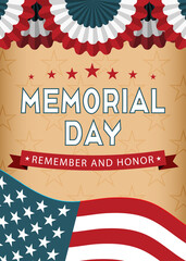 Memorial Day background with US national flag, stars and stripes. Template for Memorial Day invitation, greeting card, banner. Remember and honor.
