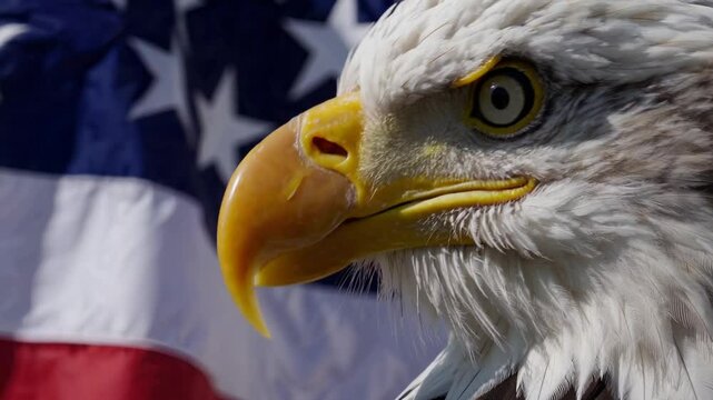 Bald eagle with American flag in background, symbol of patriotism and national pride