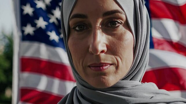 Muslim woman in hijab standing in front of waving American flag, symbol of integration
