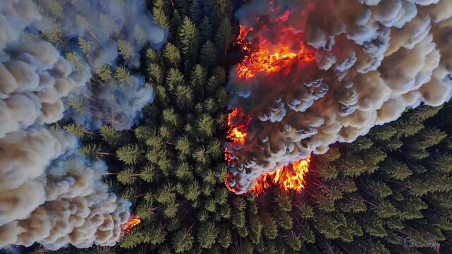 Aerial view of intense forest fire, large-scale environmental disaster