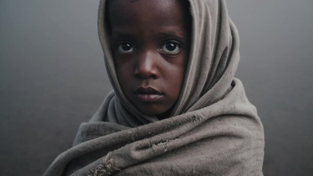 Sad refugee child wrapped in blanket staring into camera, human crisis scene