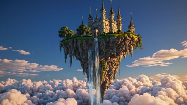Floating island in sky with waterfall and castle, magical realism fantasy