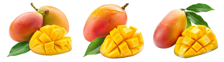 Freshly cut and a whole of mango with leaves isolated on transparent background