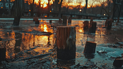 Sunset reflecting on wetland with tree stumps and water