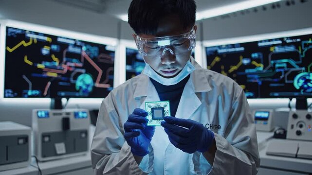 Asian scientist holding AI chip in high-tech laboratory