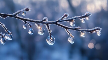 Stunning winter branch with icy droplets sparkling in sunlight ice art cold tree blue frost macro