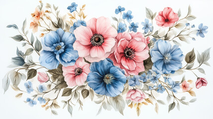 Vintage watercolor bouquet of pink and blue flowers, evoking timeless elegance and delicate charm