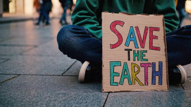 Young climate activist sitting alone on pavement with Save the Earth sign