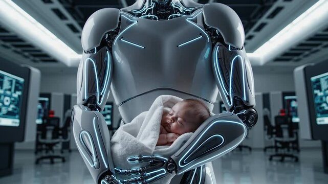 Futuristic humanoid robot gently holding a human baby, AI meets humanity