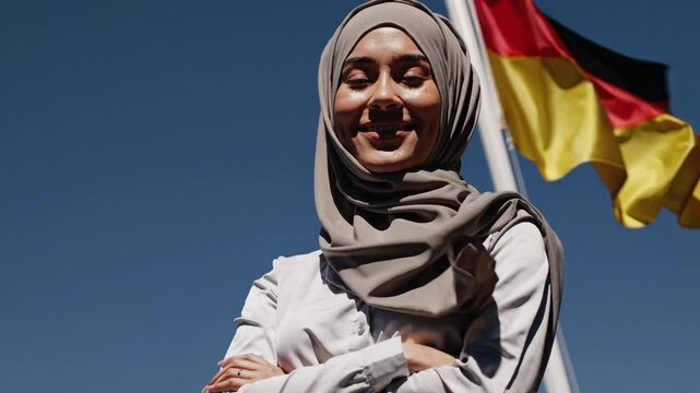 Smiling Muslim woman in hijab standing confidently in front of German flag