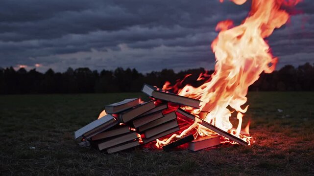 Burning books on ground, symbolic concept of censorship and lost knowledge