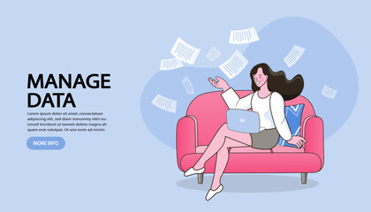 Stressed young business woman with his laptop in her office. Table and work. many papers air .  manages a lot of documents and information on the computer. Vector illustration.