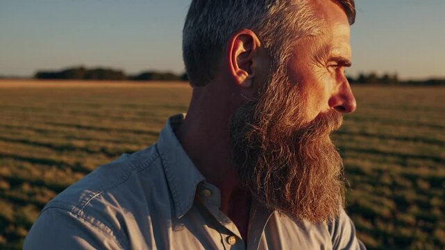Bearded farmer standing in field, proud rural man with strong beard